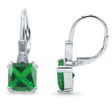 Cushion Cut Dangling Leverback Wedding Earrings Simulated Green Emerald CZ 925 Sterling Silver (15mm)